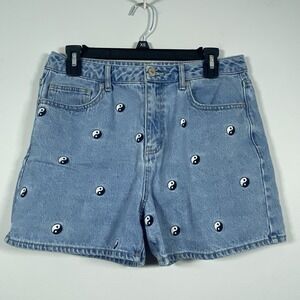 Forever 21 Embroidered Yin Yang Denim Shorts HIgh Rise 3" Inseam‎ Women's Sz M